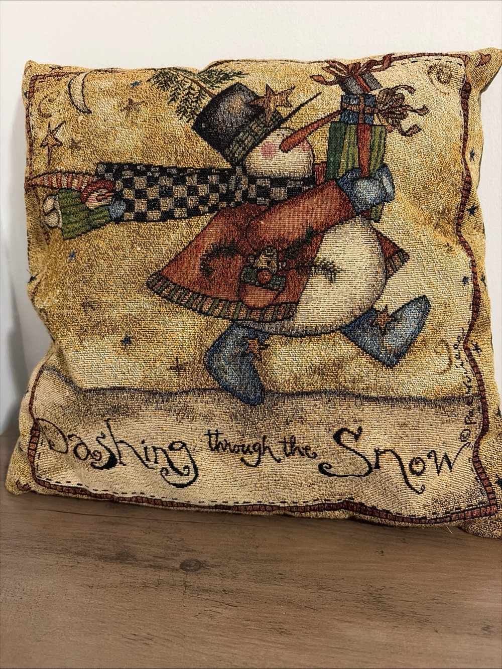 Vintage woven tapestry Christmas throw pillow